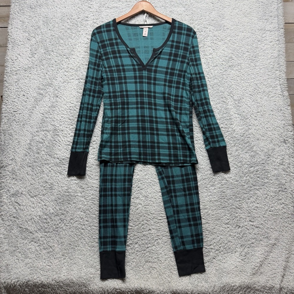 Victorias Secret Thermal Pajama Set Womens Medium Green Black Plaid Henley